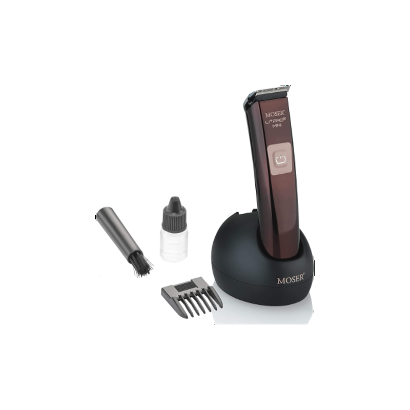 MOSER Li+Pro2 mini professional cord/cordless electric hair trimmer, 80 min quick charge, 120 minutes run time, 3-speed levels, Intelligent push button with charging stand, 1588-0151, Metallic Brown