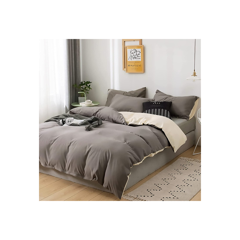 SEGUROS King Soft Bedding -Simple and Stylish Duvet Cover-Sheet-pillowcase-4pcs Bedding Set Duvet Cover(Silver gray +Beige)