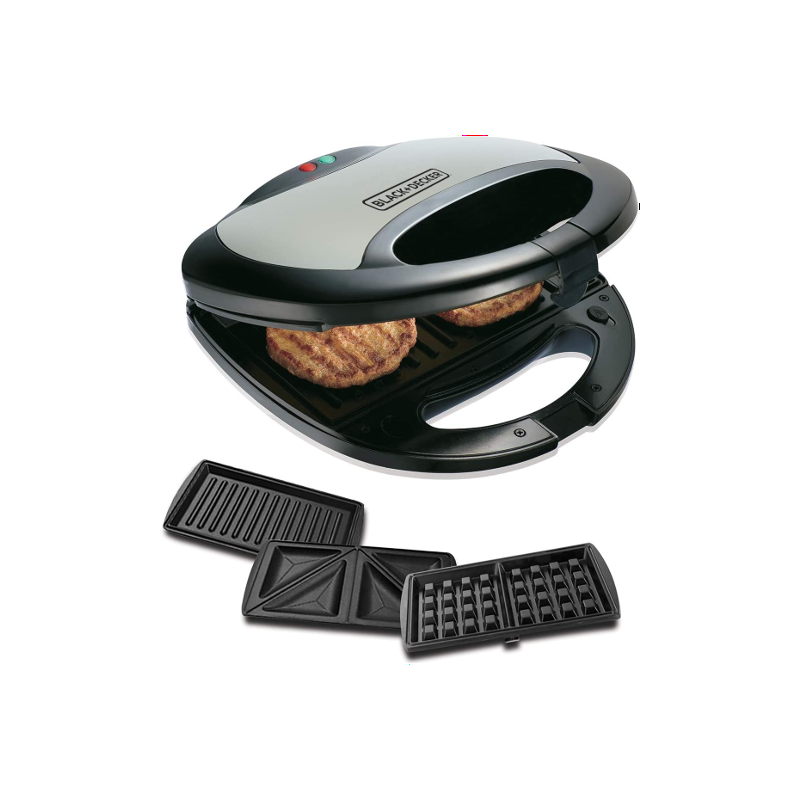BLACK+DECKER 750W Sandwich Maker 2 Slot Non-Stick 3in1 Interchangable Sandwich Grill And Waffle Maker, With Indicator And Ready to Cook Lights For Quick and Easy Dishes TS2090-B5 2 Years Warranty